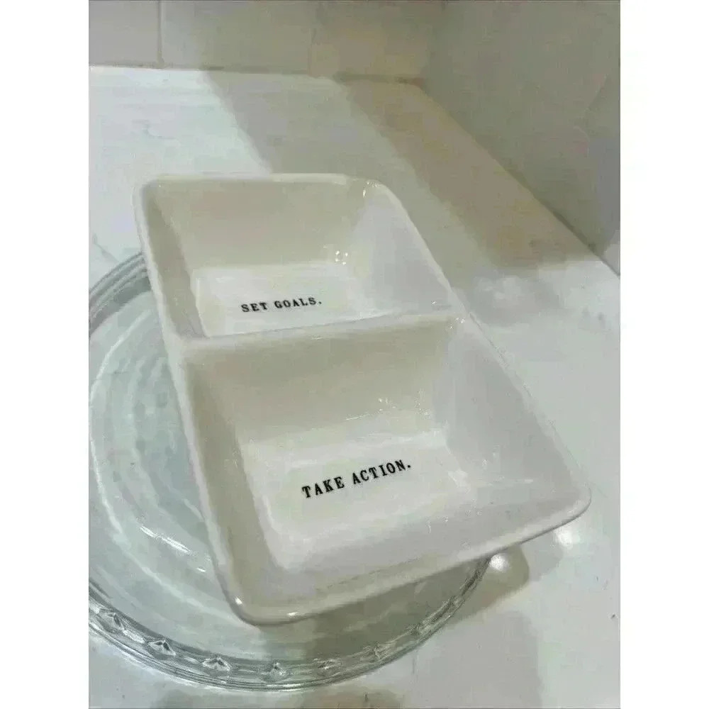 Rae Dunn SET GOALS TAKE ACTION Divided Serving Dish Artisan Magenta 8x5 - Picture 2 of 11